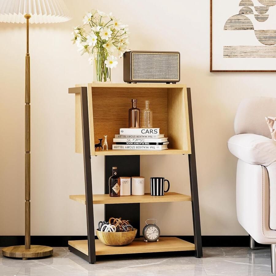 JGS Moderne Boekenkast met 4 Niveaus Multifunctioneel Opbergrek Eikenhout & Staal Praktisch voor Slaapkamer Kantoor Woonkamer of Keuken