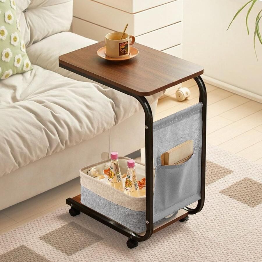 JGS Moderne C-vormige Bijzettafel met Wielen en Opslag voor Slaapkamer en Woonkamer
