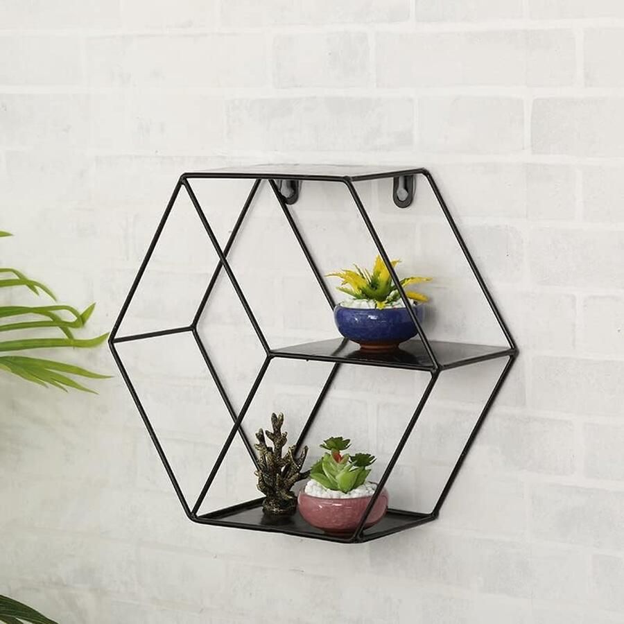 JGS Moderne Hexagonale Metalen Wandplank met Drie Niveaus in Industrieel Design