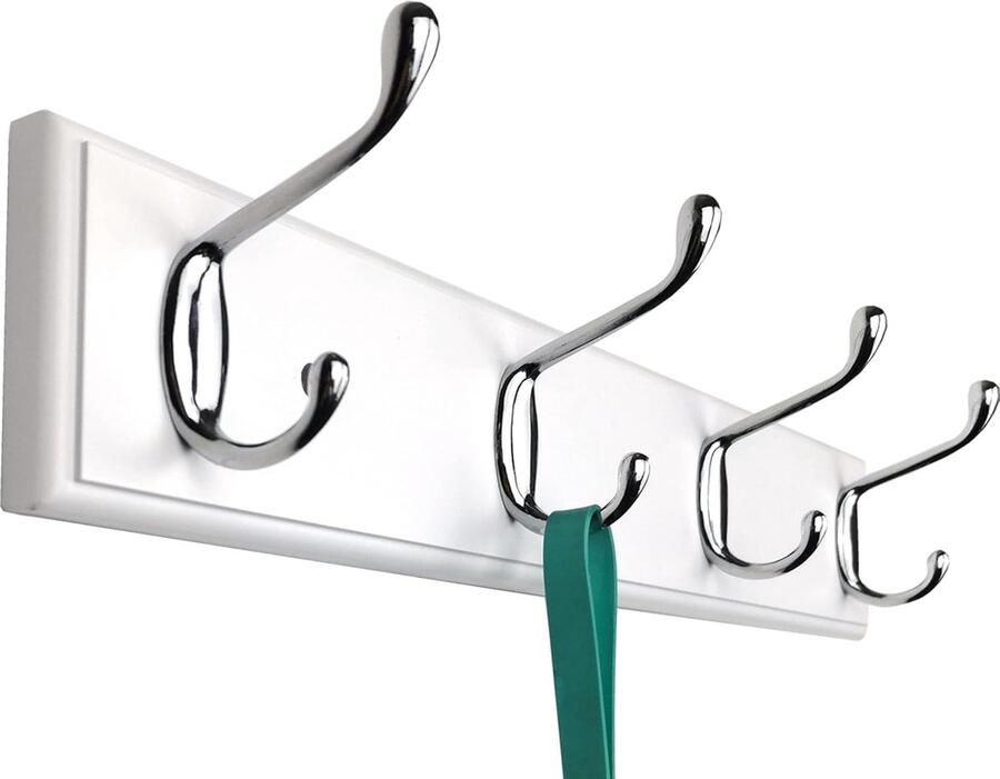 JGS Moderne Muurkapstok met Vier Zilveren Haken en Witte Houten Basis voor Ruimtes