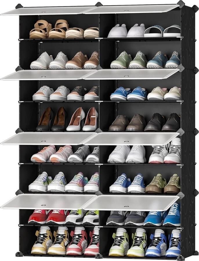 JGS Schoenenkast draagbare schoenenkast doe-het-zelf plastic stofdichte schoenenkast modulaire schoenenkast voor gang slaapkamer woonkamer entree zwart met transparante deur 2 x 8