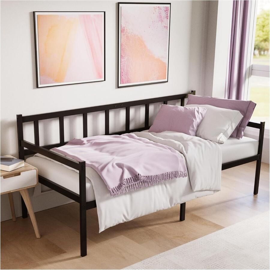 JGS Multifunctioneel Dagbed 90 x 190 cm Hoogte 35 cm Zwart Metaal Met Lattenbodem en Geoptimaliseerd voor Kleine Ruimtes