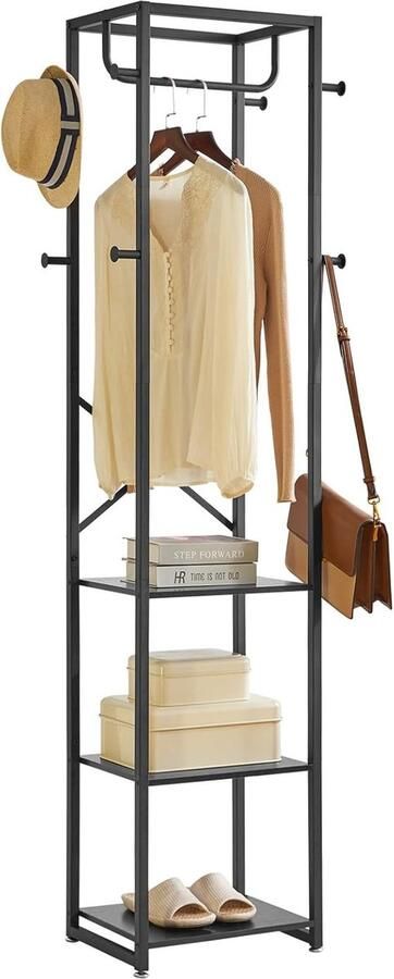 JGS Multifunctioneel Kledingrek met 3 Planken en 8 Haken Industriële Stijl voor Hal Slaapkamer Zwart 180 x 40 x 30 cm