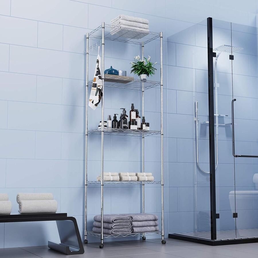 JGS Opbergplank met wielen en 5 planken Keukenplank Metaal met zijhaken Gemaakt van verchroomd tot 500 lbs 59 x 35 x 183 cm Zilver