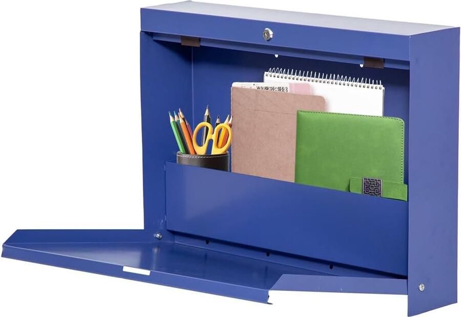 JGS Multifunctionele Inklapbare Wandtafel met Opbergvak Blauw Metaal