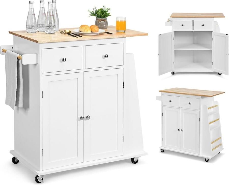 JGS Multifunctionele Keukenwagen Met Werkblad en Opbergruimte Duurzaam Houten Keukeneiland op Wielen 80 x 45 cm Wit