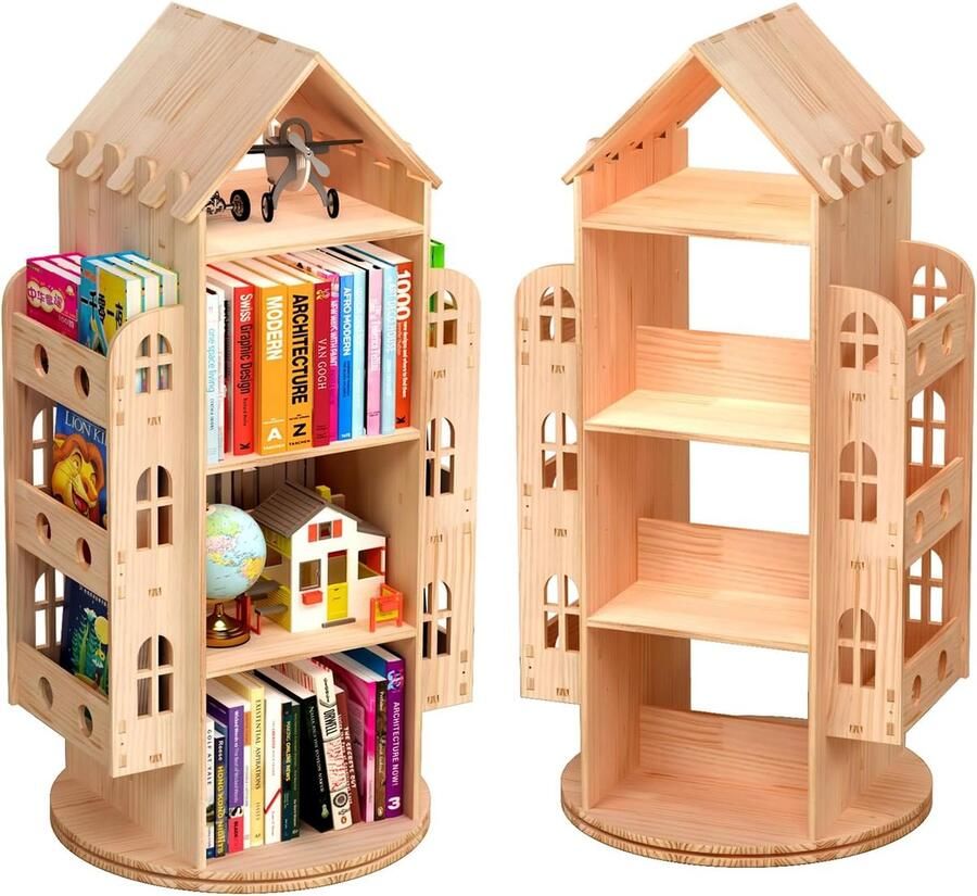 JGS Veelzijdige 360 Graden Rotatie Boekenkast van Massief Hout met 4 Planken voor Kinderen en Volwassenen