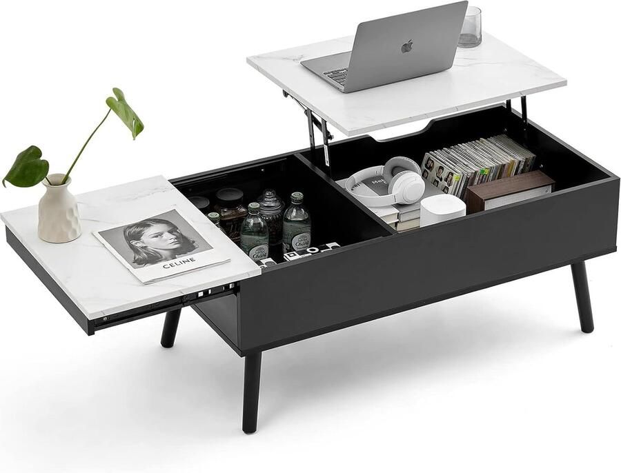 JGS Stijlvolle Verstelbare Salontafel met Verborgen Opbergruimte en Uittrekbaar Blad Wit en Zwart 100x50x43.5 cm