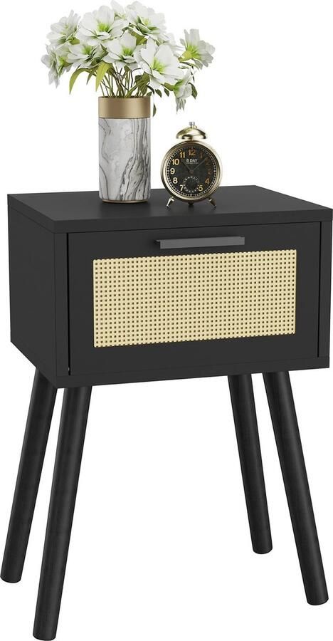 JGS Natuurlijke Rotan Bijzettafel met Magnetische Lade en Houten Poten voor Ruimtes