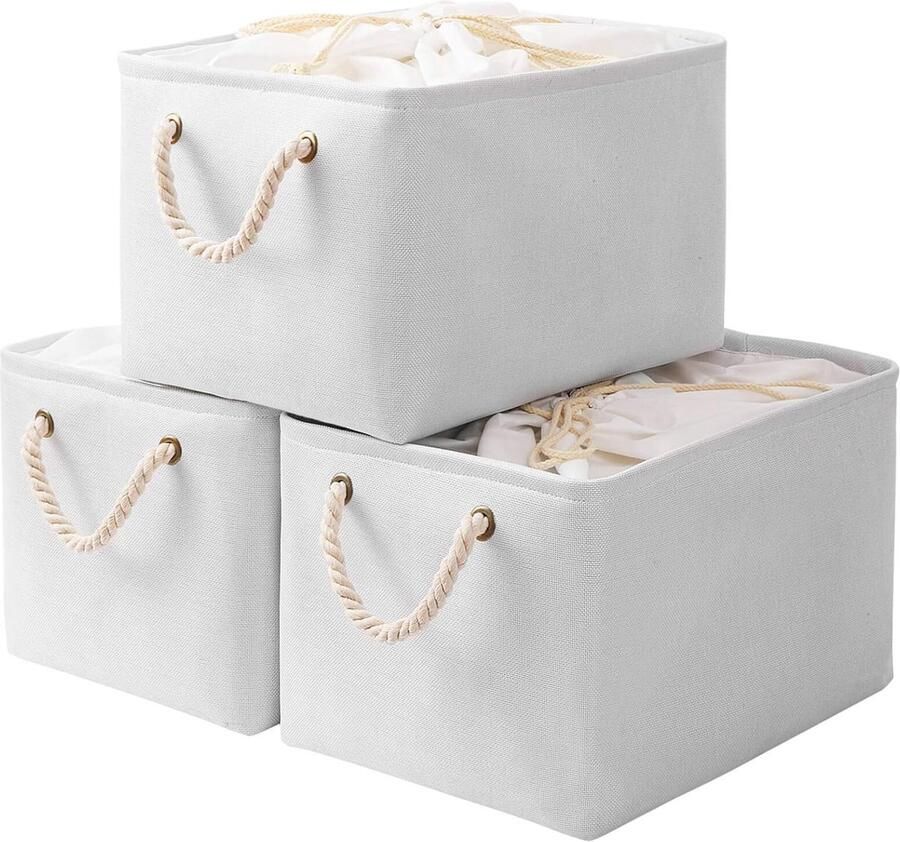JGS Opvouwbare Set van 3 Stoffen Opbergmanden met Trekkoord en Handvatten voor Kasten en Planken
