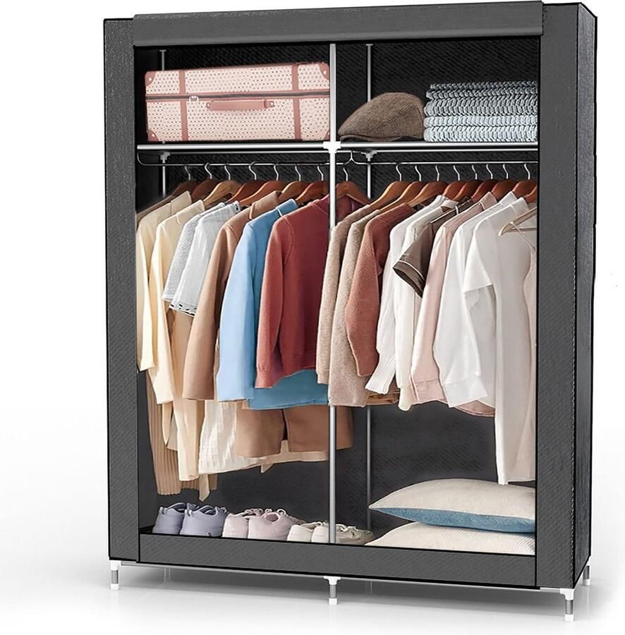 JGS Opvouwbare Textiel Kledingkast met Praktische Kledingstangen en Zijvakken voor Thuis en Reizen