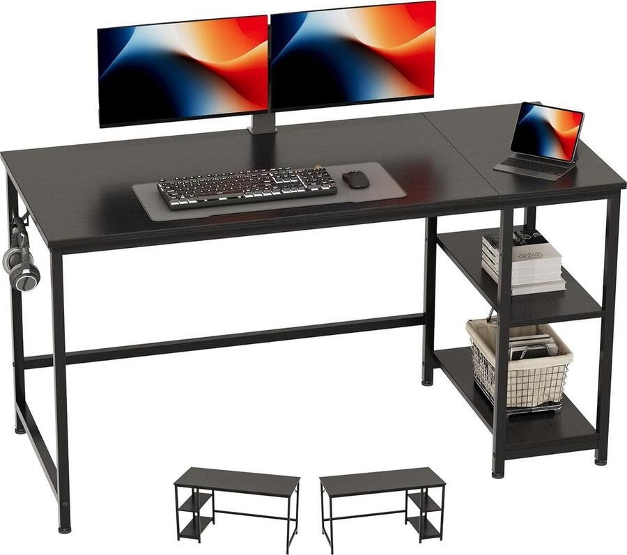 JGS Bureau met 2 Planken voor Studenten en Professionals Houten Tafel voor Slaapkamer Thuis en Kantoor Zwart 140 x 60 x 75 cm