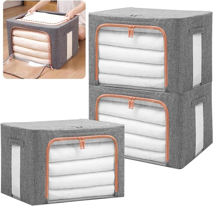 JGS Premium 3-Delige Stapelbare Opbergzakken met Metalen Frame 24L Kleding Opbergdozen Opvouwbare Kledingkast Organizer