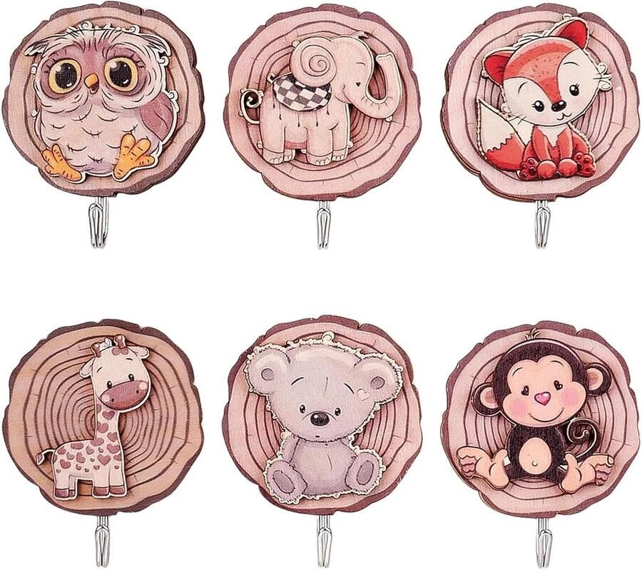 JGS Premium 6 houten garderobehaken voor kinderkleding Cartoon-dierenvorm Zelfklevend Kinderkamer en keuken accessoires