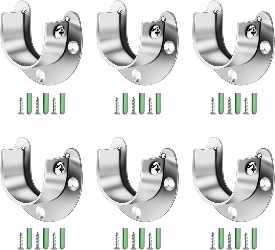 Allecto premium 6 stuks Flens Rod Houder Kast Pole Sockets voor Garderobe Metaal U-vormige Rail Rod Beugel RVS Ondersteuning Heavy Duty Diameter 25mm Douche Gordijn Rail End