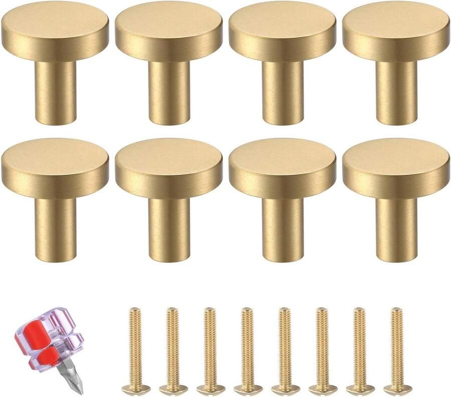 Allecto Premium Set van 8 massief messing deurknoppen voor kasten Kastdeurgrepen met schroeven Voor kledingkasten en dressoirs 20 x 23 mm
