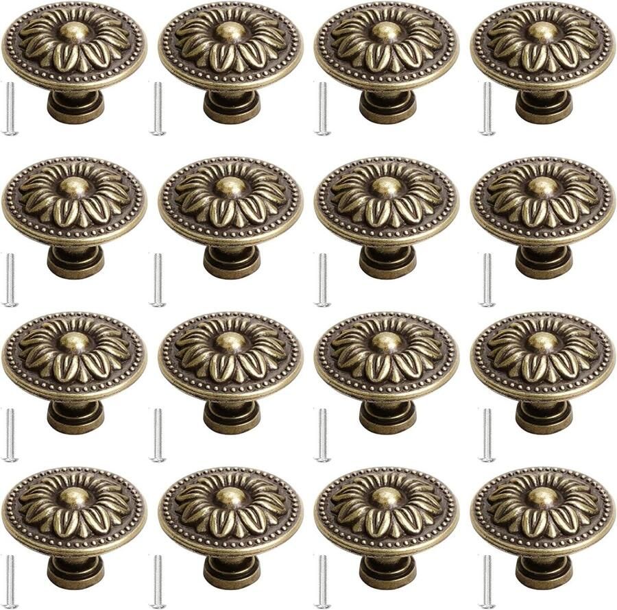 JGS Premium Antieke bronzen kastknoppen Vintage retro lade-trekknoppen Bronskleurige kastgrepen Trekhandvat voor kast 30 mm Set van 16 stuks