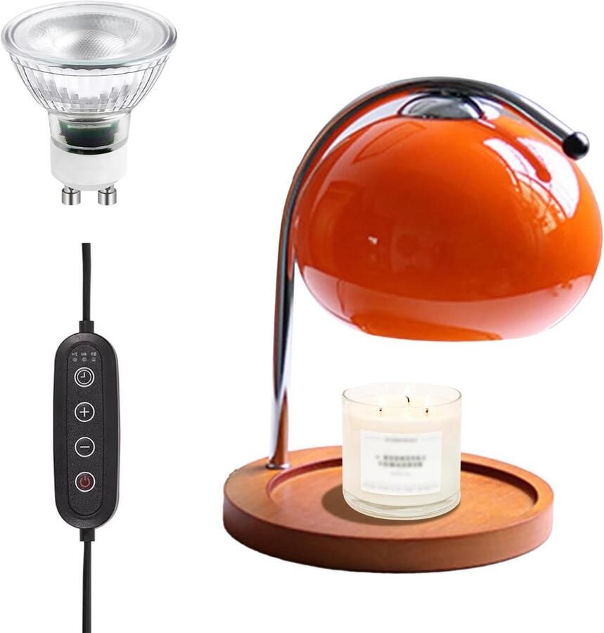 JGS Premium Aroma Wax Smeltlamp in Retro Houten Opbergdoos met Glazen Kaarsverwarmer Tafellamp voor Slaapkamer Huisdecoratie in Oranje Rood