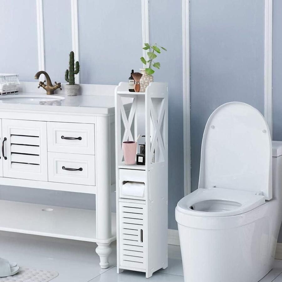 JGS Premium Badkamerkast Smalle Badkamerkast met Toiletrolhouder Hoge Kast Toiletrolkast Badkamerkast met 1 Open Compartiment 1 Lade en Deuren 80 x 15.5 x 15 cm