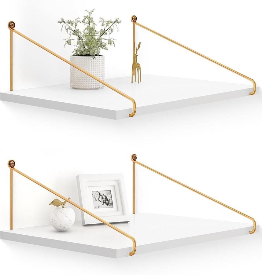 Allecto Premium Zwevende witte houten wandplanken met gouden beugels Set van 2 30 cm diep Wandorganizer voor slaapkamer badkamer woonkamer en keuken Grote opbergplanken