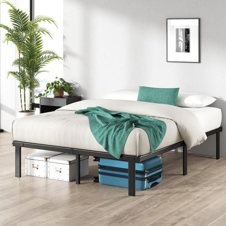 JGS Bed 140 x 200 cm Hoogte 36 cm met opbergruimte onder het bed Metalen platformbedframe Opvouwbaar bedframe Zwart