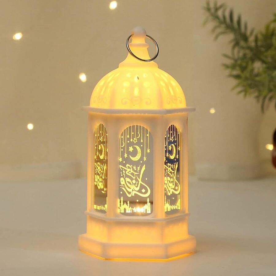 JGS Premium Decoratieve lamp voor Ramadan en Eid Mubarak feesten met maan en sterren design in vintage stijl Hangende sfeerverlichting voor Muslim feesten Decoratieve gebedsaccessoires in het wit