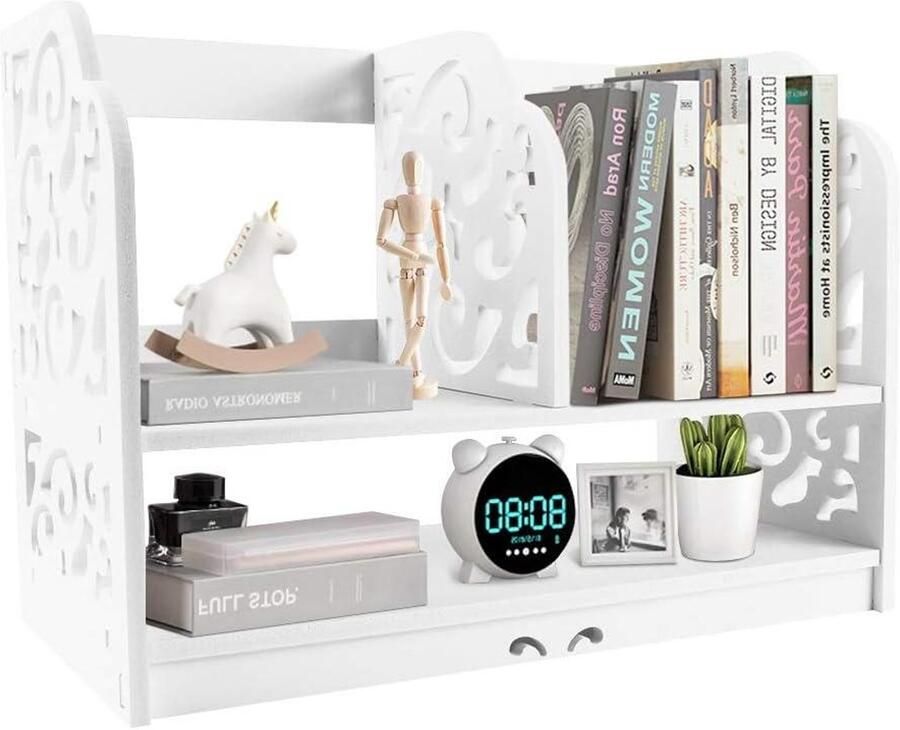 JGS Premium Desktop Boekenplank Mini Tafelblad Boekenkast Open Design Vrijstaande Boekenplank 2-laags Thuiskantoor Boekenkast CD Boekenopbergdoos Display Boekenkast Plank voor Thuis- en Kantoorinrichting 30 * 21 * 41cm Wit