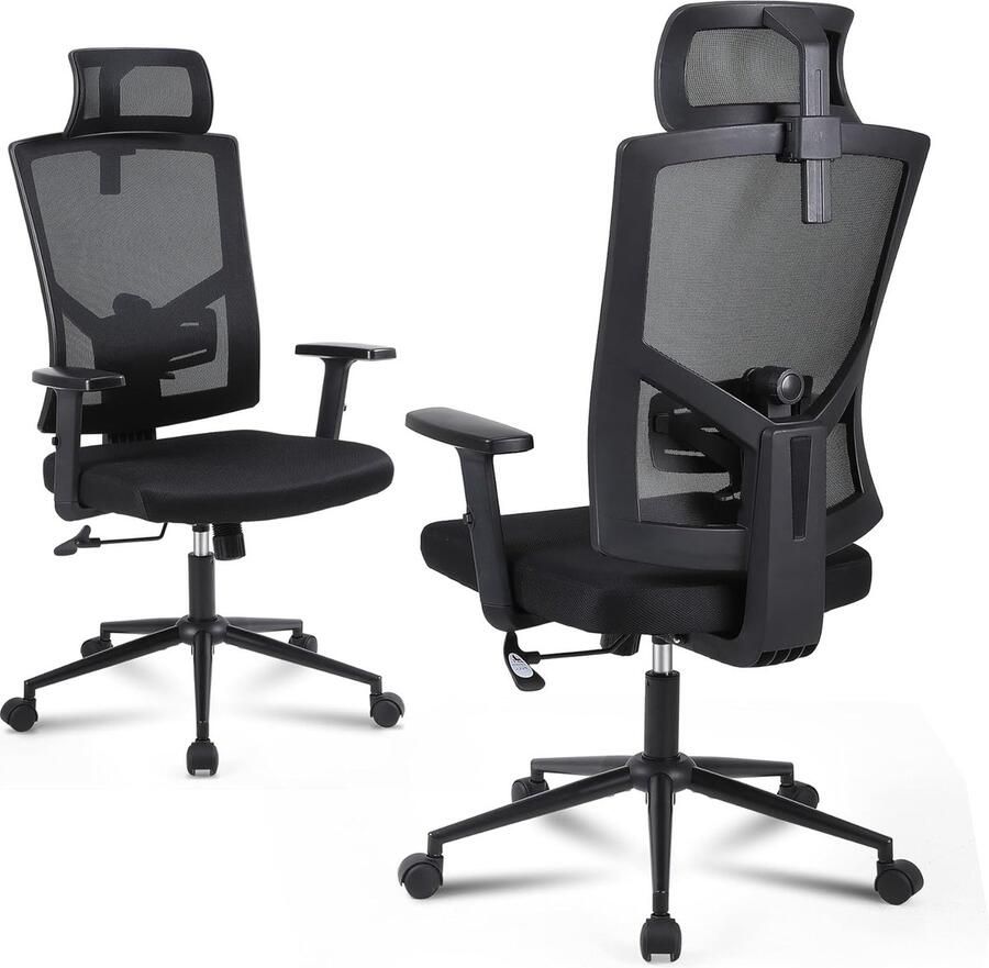 JGS Ergonomische bureaustoel draaistoel met verstelbare hoofdsteun lendensteun en armleuningen mesh stoel voor kantoor en studeerkamer zwart