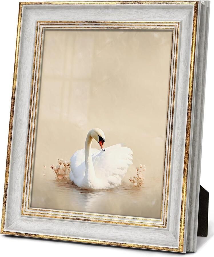 JGS Premium Fotolijst 8x10 vintage wit met gouden rand voor bureau muurdecoratie kerstcadeau vrouwen moeder oma familie vrienden