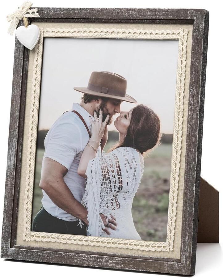 Allecto Premium Fotolijsten 8 x 10 van hout voor muur Vriend Familie Bruiloft Verjaardagscadeau Shabby Chic Rustieke Frames Display voor Bureau en Tafelblad Echte Klasse Wit Hart met Steunen