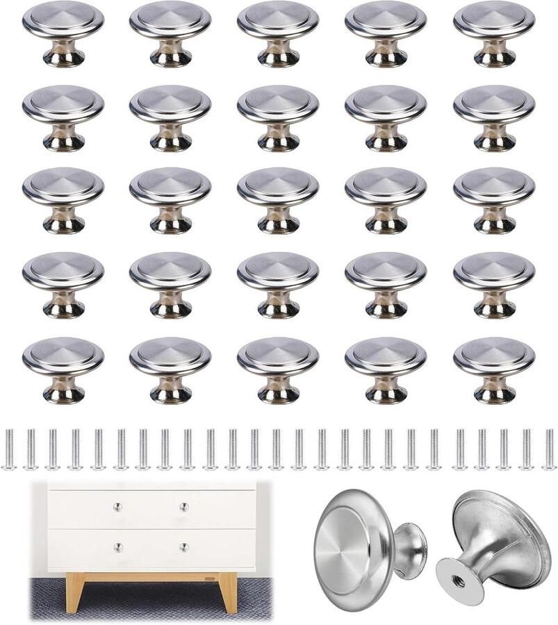 JGS Premium Furniture Knoppen Zilver Deurknoppen 30mm 25 Stuks Rond RVS Met Schroeven Kastdeurklink Kastknoppen Enkel Gat Meubelgrepen Cabinet