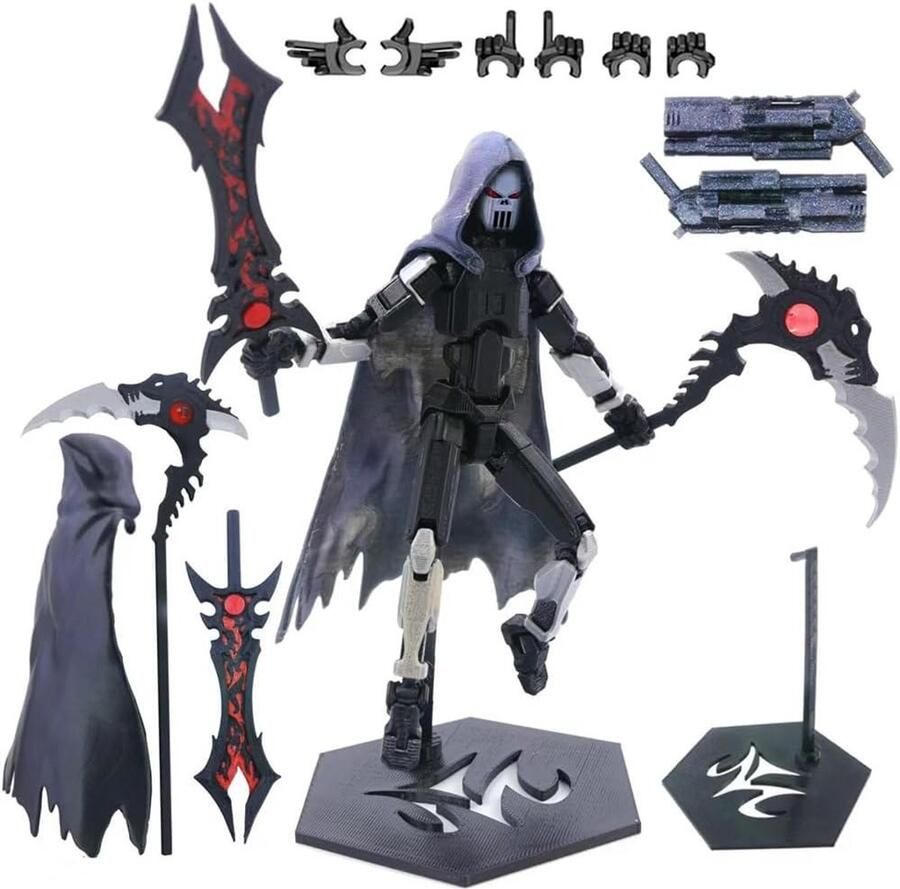 JGS Premium Futuristische actiefiguur ridder met wapens en cape voor verzamelaars vechtrobots bureau decoratie cadeau voor sci-fi fans (zilver zwart)