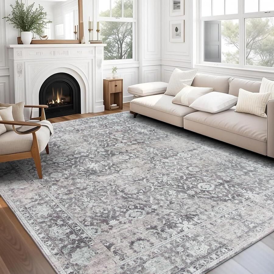 JGS Stijlvolle Vintage Tapijt in Grijs en Turkoois 150 x 210 cm Machine-Wasbaar Gemaakt van Gerecyclede Vezels