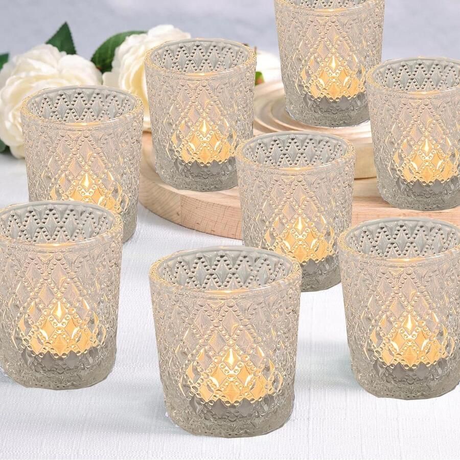 JGS Premium Glazen theelichthouders set van 8 Votief kandelaars Tafel middenstuk Glazen kaarsenhouder set voor bruiloft Huis feestdecoratie Heldere kaarsenhouders