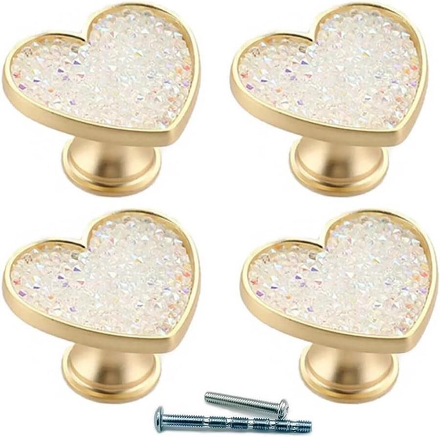 JGS Premium Gouden Messing Hart Lade Knoppen Set van 4 Wit Kristal Kastknoppen Koper Meubels Dressoir Handgrepen