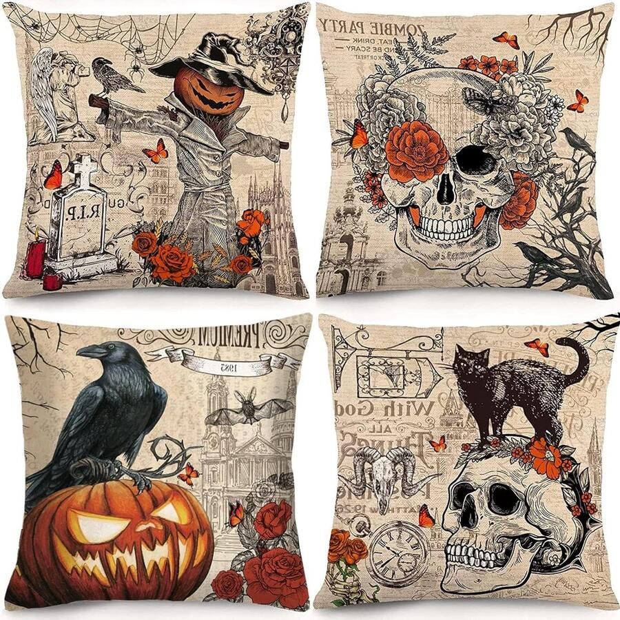 JGS Premium Halloween decoratie kussensloop set van 4 stuks voor huis en slaapkamer horror pompoen kraai vogelverschrikker schedel decoratieve linnen bank kussensloop (45 x 45 cm)