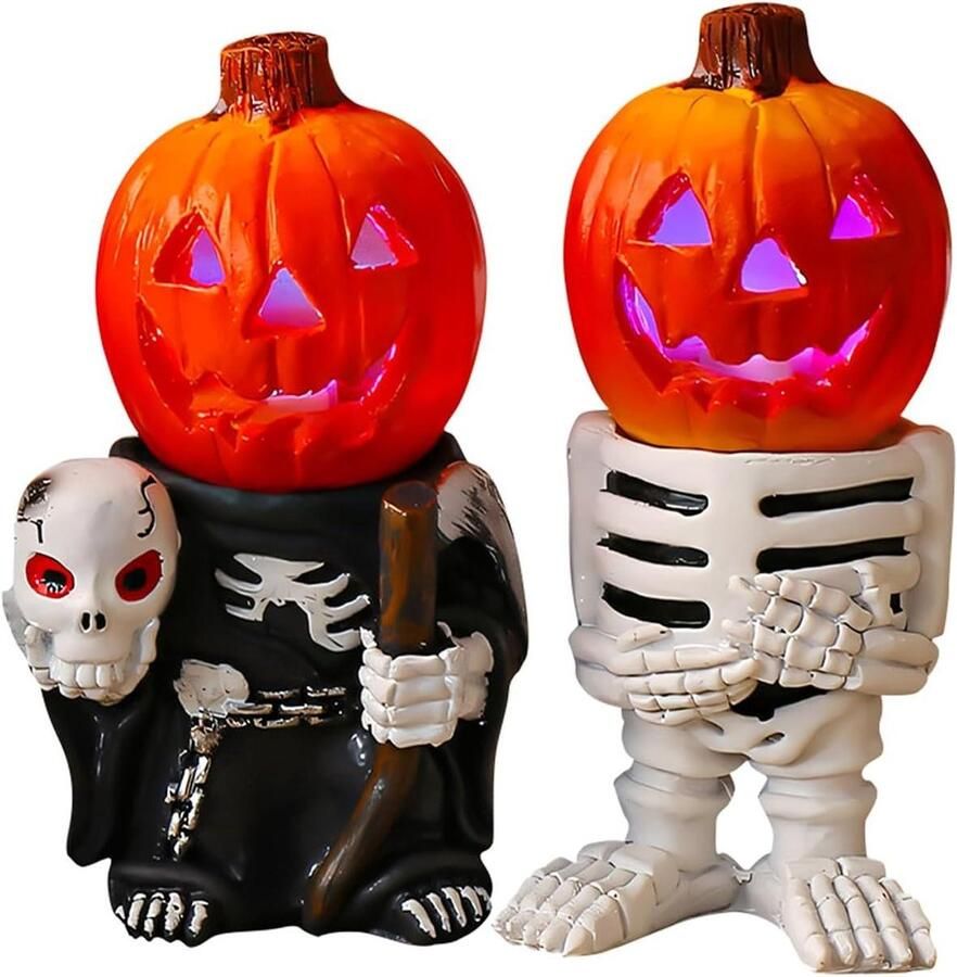 JGS Premium Halloween Decoratieve Figuren met LED-verlichting en Cool Resin Pumpkin Skelet Decoratie voor Halloween Vrienden Cadeaus Thuis Bureau Ambacht (D)