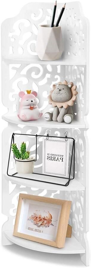 JGS Premium Hoekplanken 4 lagen Hoekplank Unit met snijwerk Vochtbestendig Wandplank Unit Boekenkast Display Stand Opbergorganizer WPC-paneel voor Woonkamer Keuken Wit