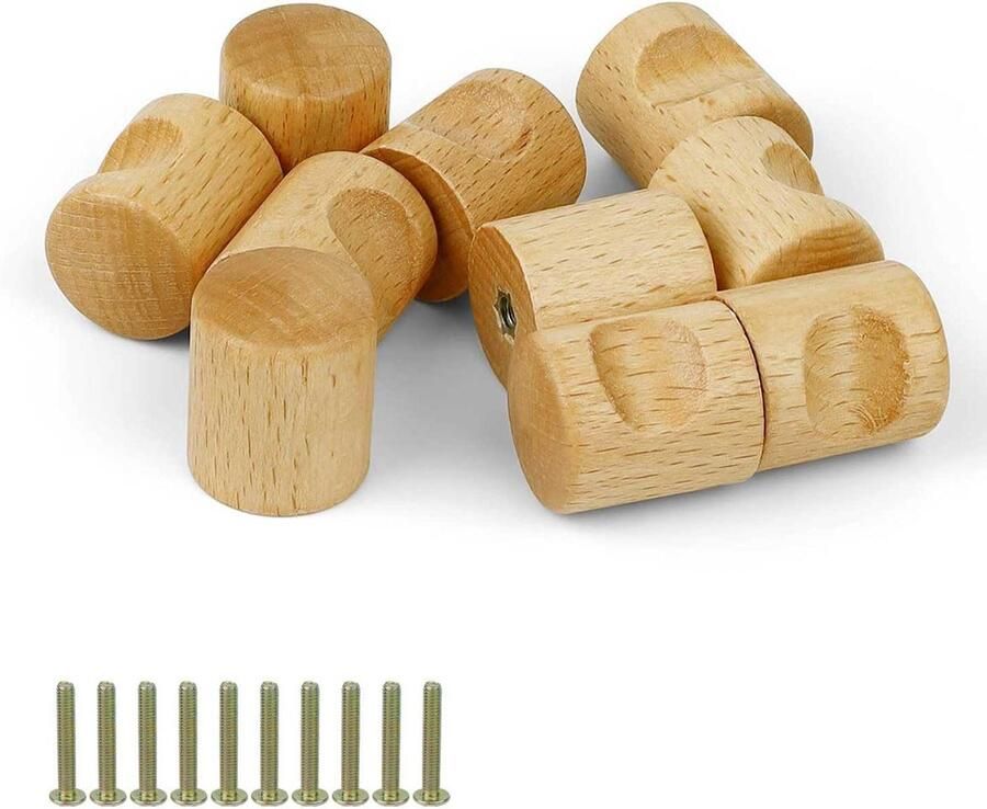 Allecto Premium Houten meubelgreep 10 stuks Natuurlijk berken Knopgrepen Kasten laden Vitrines Inclusief schroeven