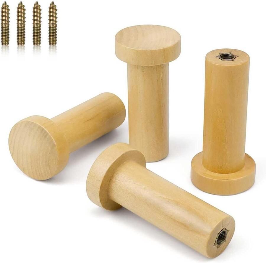 JGS Premium Houten wandmokken set van 4 Cilindrische wandkapstok van hout met schroeven voor handdoeken kleding hoeden tassen