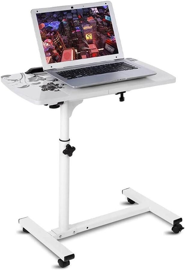 JGS Premium In hoogte verstelbare bijzettafel met wielen voor bed of bank in wit Laptoptafel Draagbaar bureau Multifunctionele computertafel