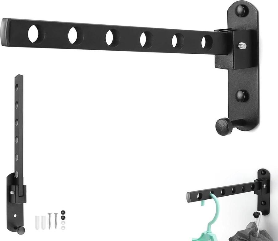 JGS Premium Inklapbaar wandrek met haken voor balkon garderobe Zwart Opvouwbaar 90 graden Badkamer hotel