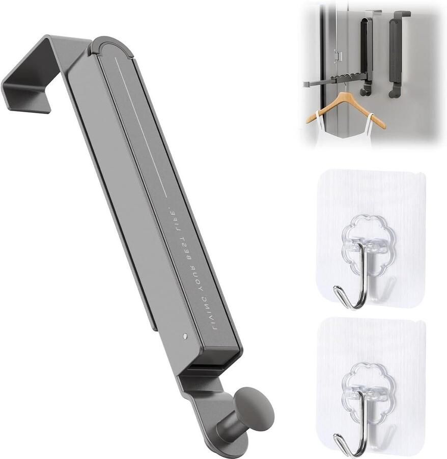 Allecto Premium Inklapbare deurkapstok met antislip sleuf en schaalbaar ontwerp voor kleding handdoeken en tassen Geen boren nodig Eenvoudig te monteren (1)
