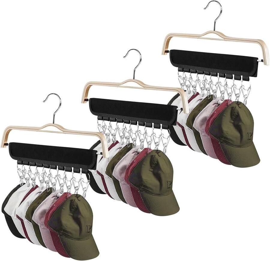 JGS Premium Kaphouders 3 stuks met 30 rvs clips voor baseballhoeden Kledingkast Organizer