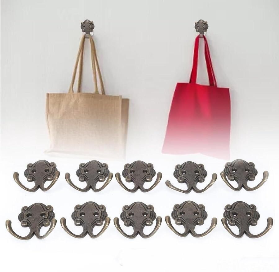 JGS Premium Kapstokhaken Stevig en Duurzaam Retro Design Dubbele Haak Voor Jas en Handdoek Set van 10 Stuks