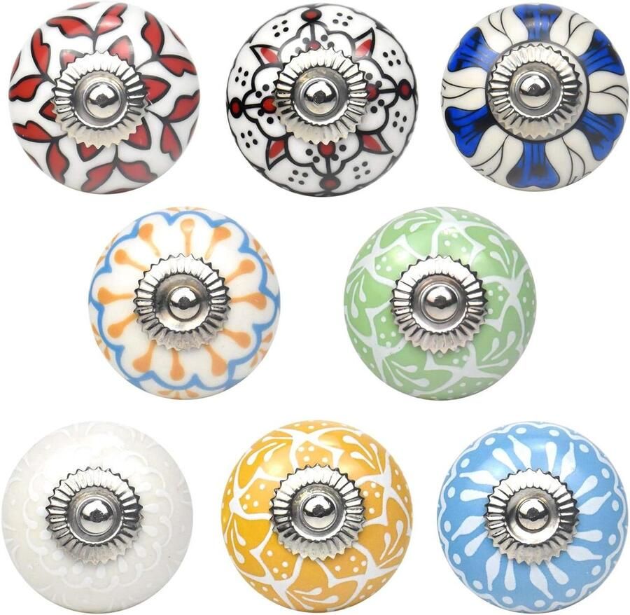 JGS Premium Keramische knoppen 8 stuks voor keukenkasten en lades met schroeven Handgeschilderde vintage handgrepen met een diameter van 40mm