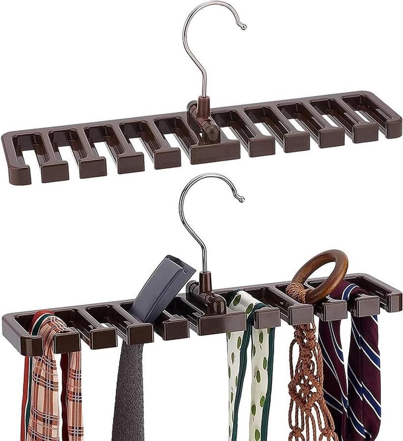 Allecto Plus Kastriemhouder met 10 stangen voor riemen en sjaals Bruin Organizer voor kledingkast met stropdashouder