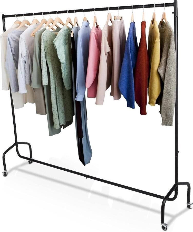 JGS Premium Kledingrek op Wielen en 178 cm Rail Zwart Zware Metalen Kapstok Snel en Eenvoudig te Monteren Voor Slaapkamer en Kledingwinkel