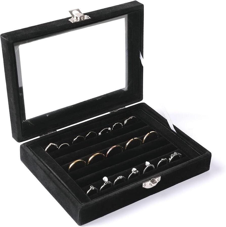 Allecto Premium Kleine fluwelen lade organizer met doorzichtige deksel en 7 sleuven zwart voor sieraden en accessoires opbergdoos met fluweelstoffen voering