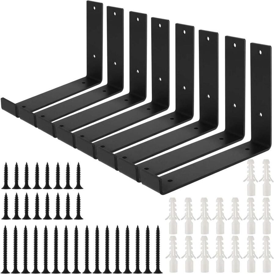 JGS Premium L-beugel met lip 8 x 6 inch Set van 8 Zwarte plankbeugels voor woonkamers keukens kantoren en bars